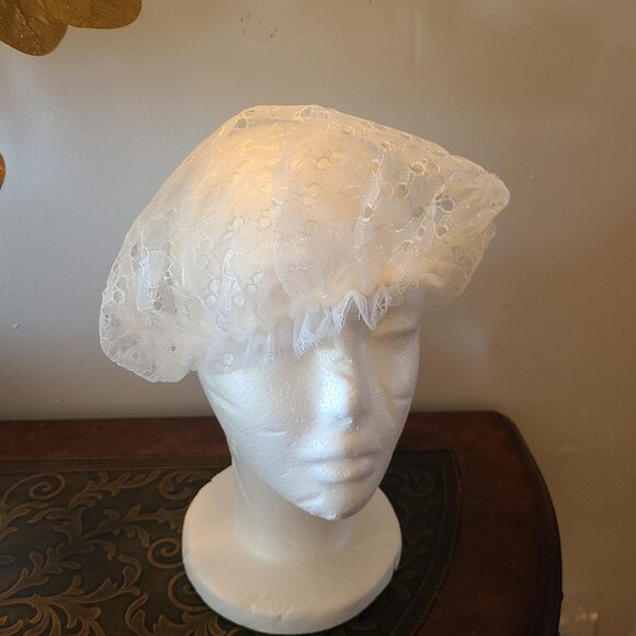 Vintage Sleep Cap Bonnet White Sheer Eyelet Lace Hair Cover Curler Protector - Picture 1 of 7